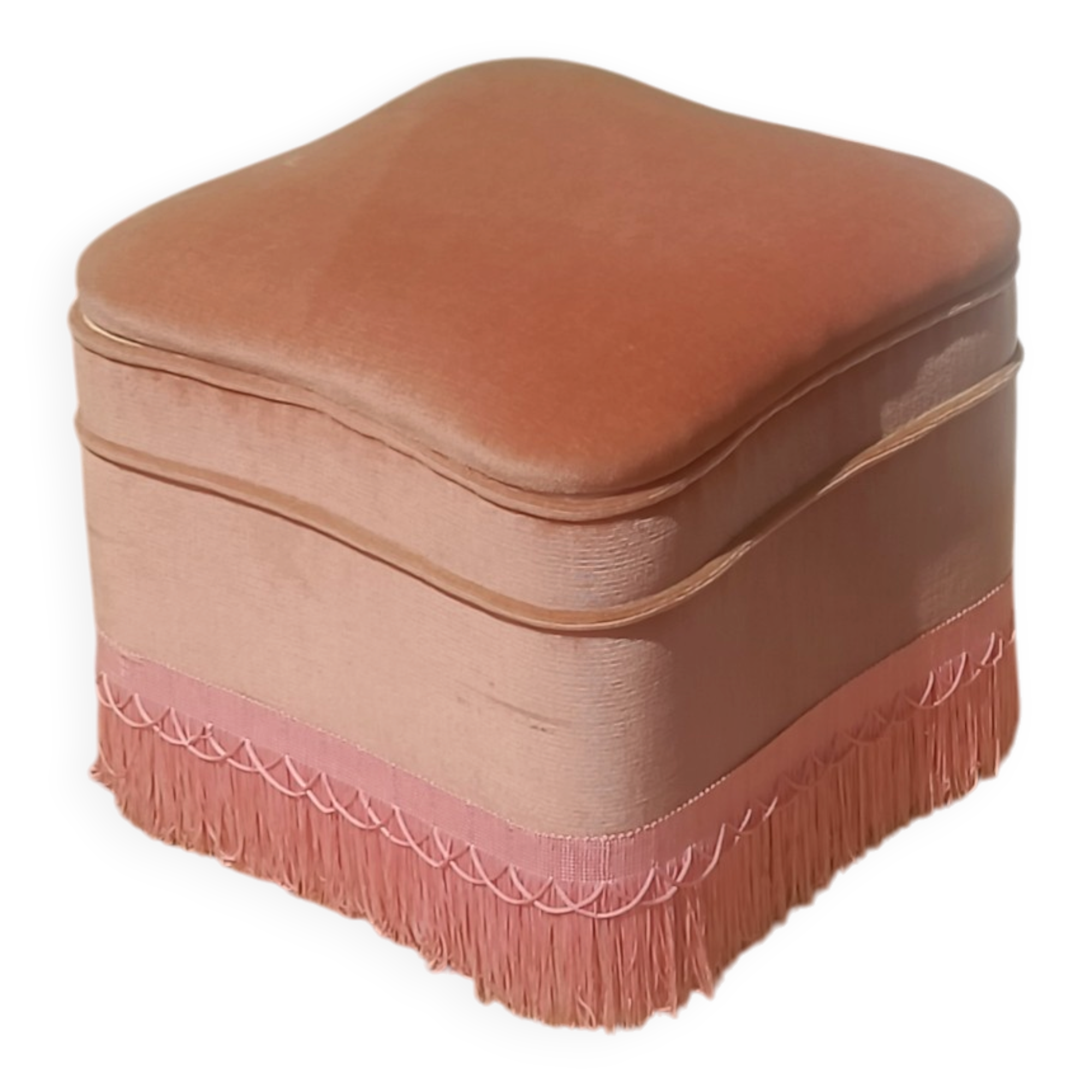 Pouf coffre en velours rose à franges, vers 1950-1960
