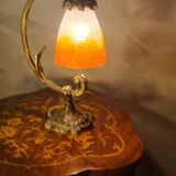 Old art nouveau bronze lamp and pretty hexagonal tulip 37x22