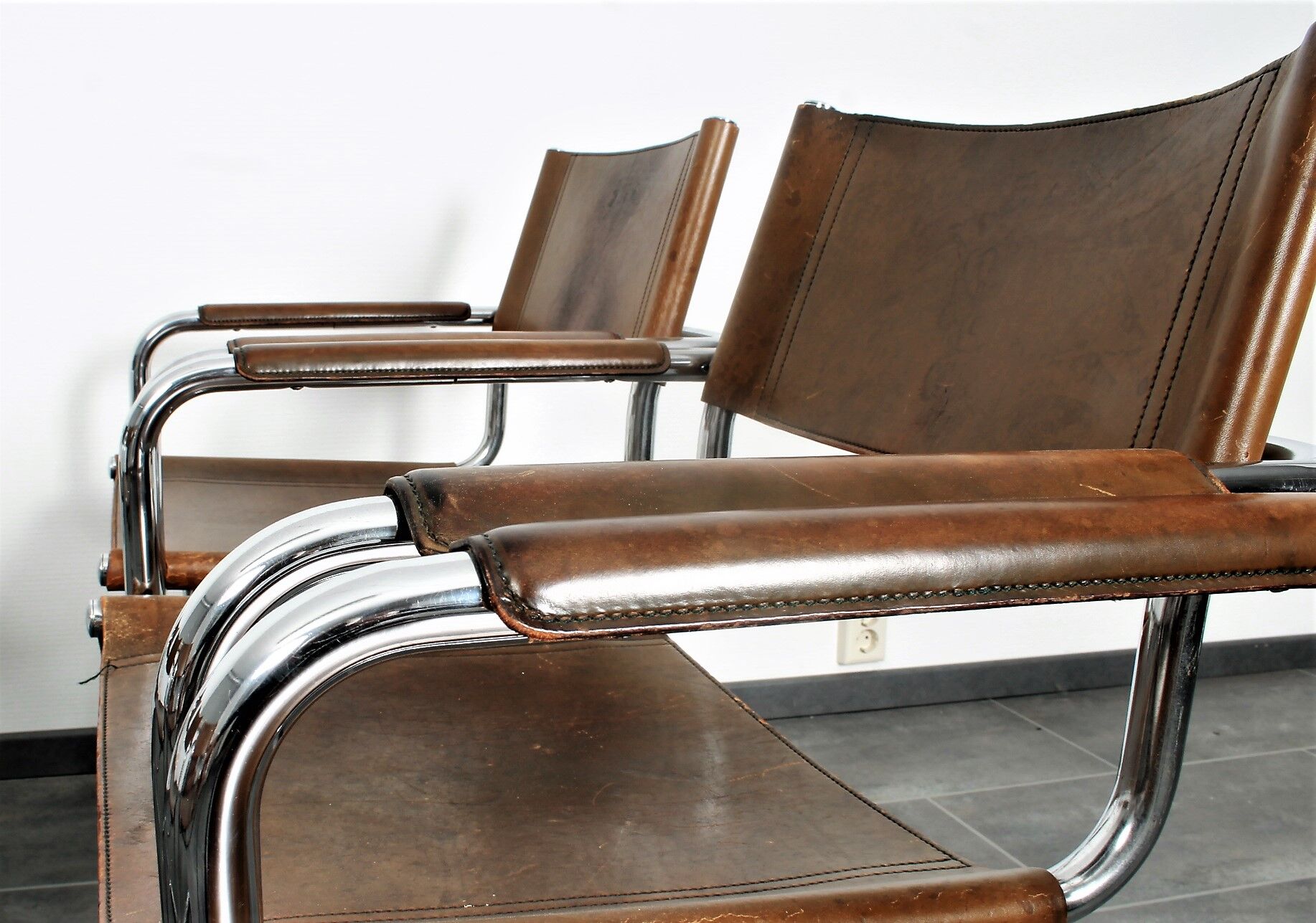 Set of six brown leather cantilever chairs Mart Stam