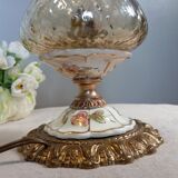 Baroque inspired table lamp, bronze, ceramic flowers and glass globe