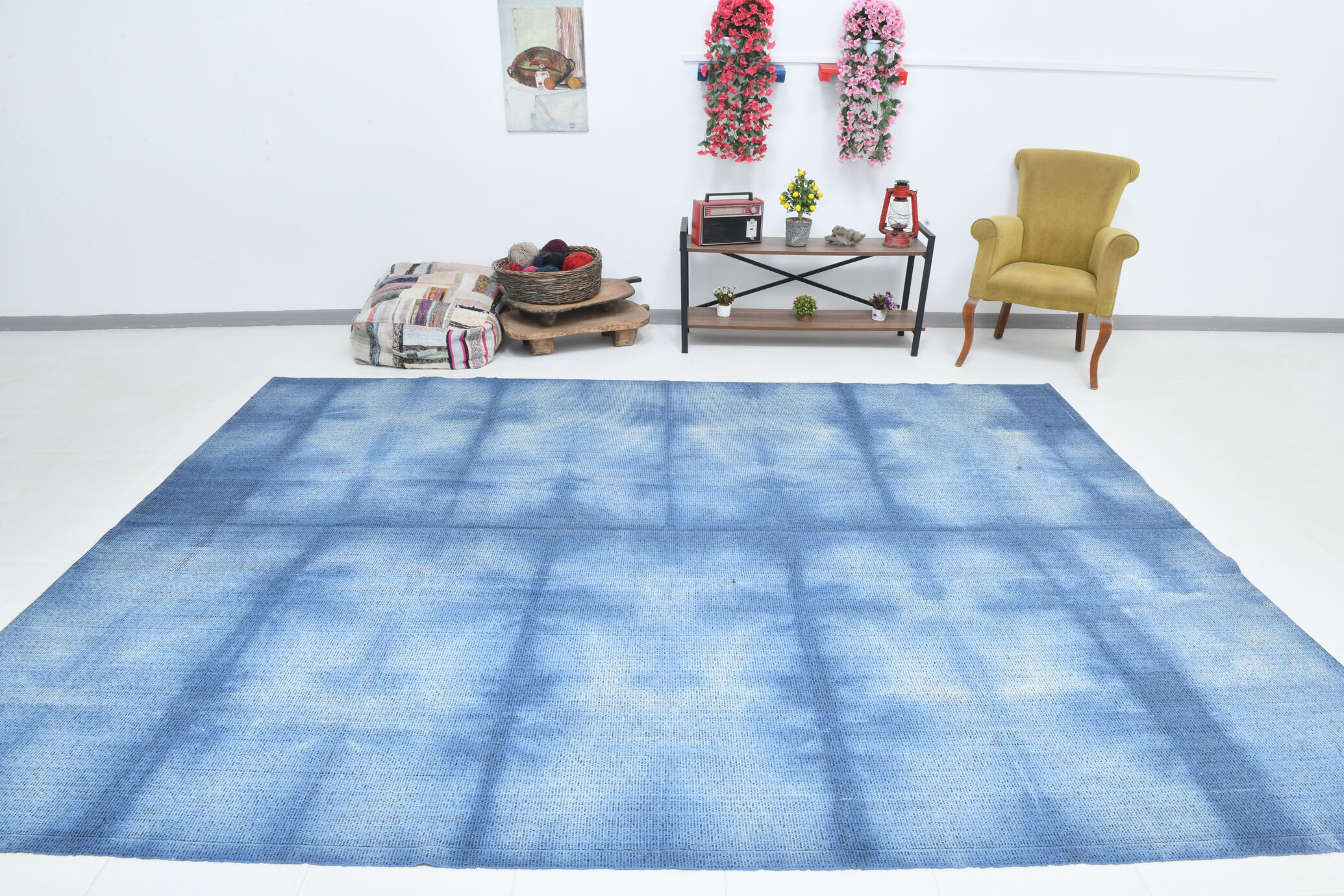 Shades of blue flatweave vintage rug 359x269cm