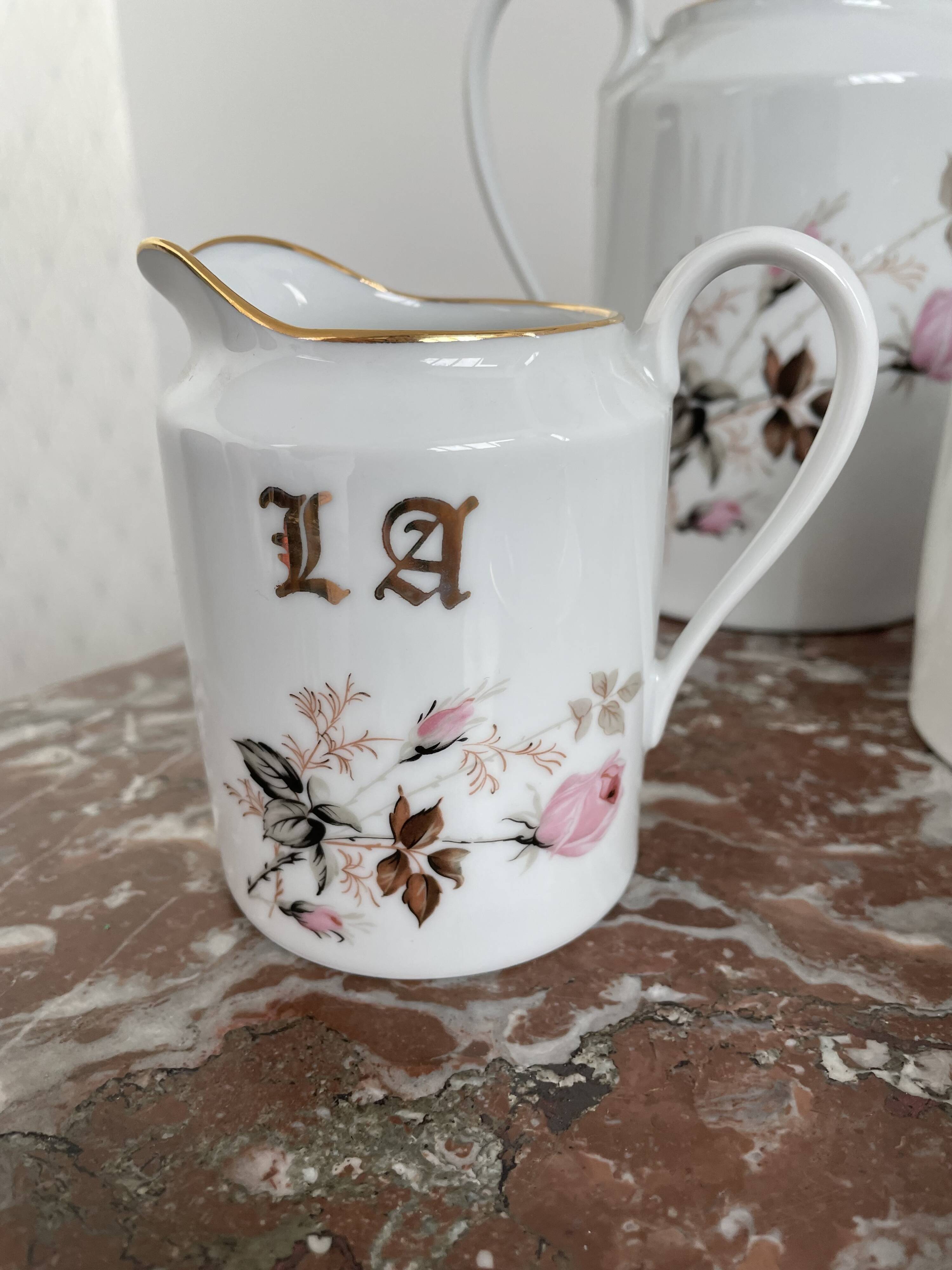 Vintage, coffee service, tea, Limoges, Flowers, cipher, 11 cups and under cups, teapot, 27 pieces