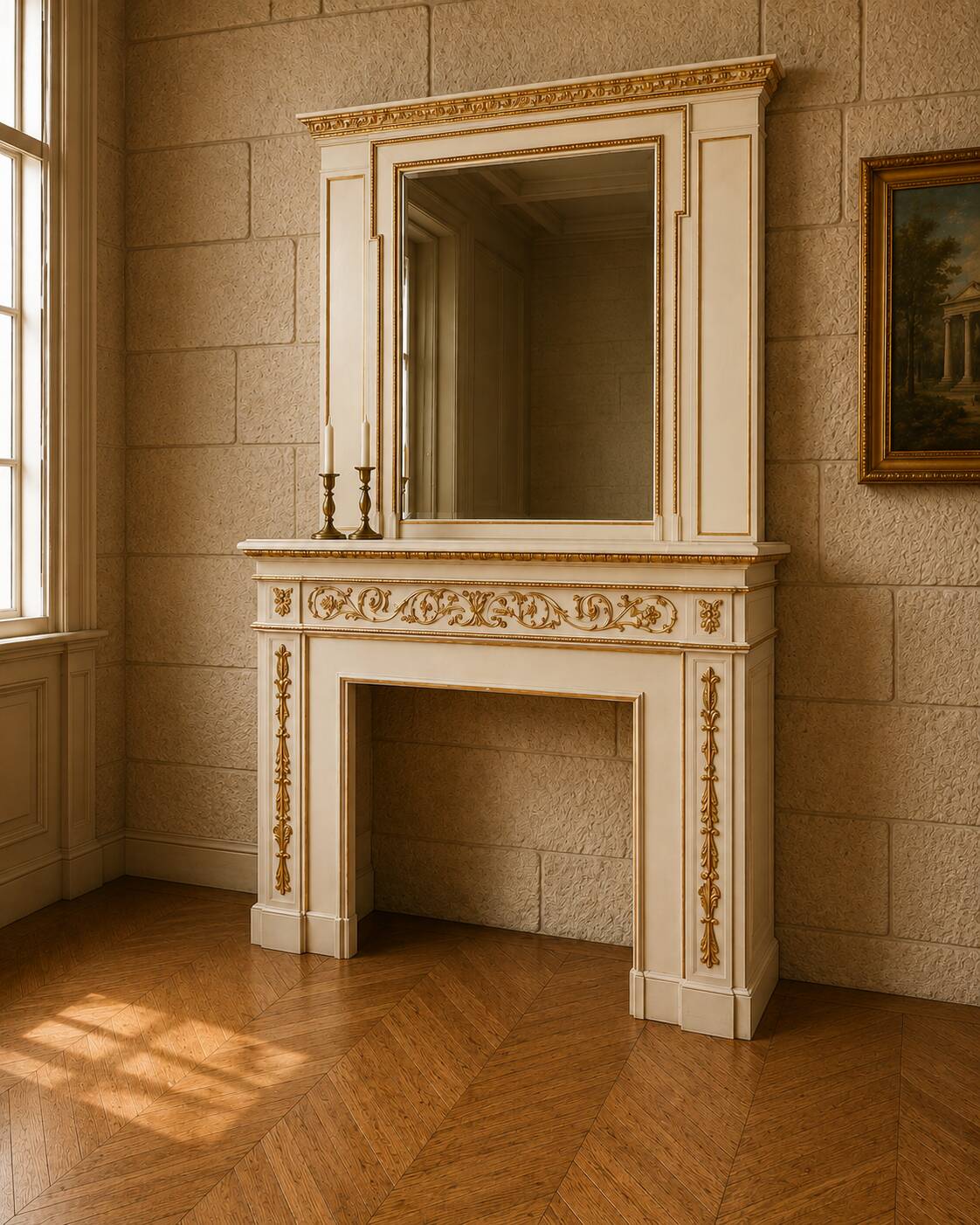 Importante cheminée de style Louis XVI, avec son trumeau le tout en bois