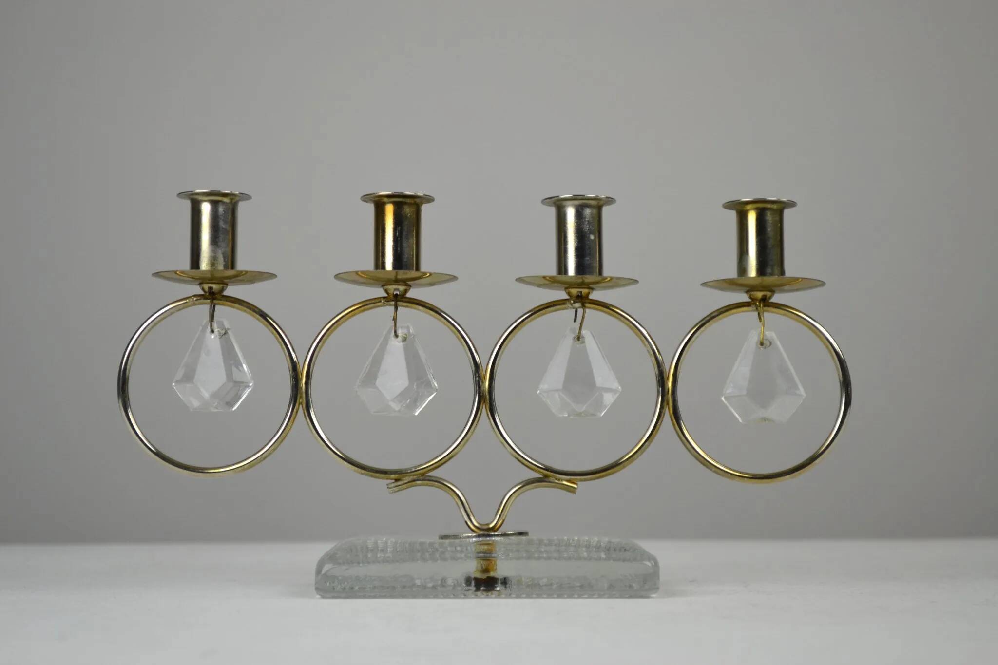 Brass Candelabra with Art Glass Base and Glass Prisms by Gunnar Ander for Ystad-Metall, Sweden, 1950s
