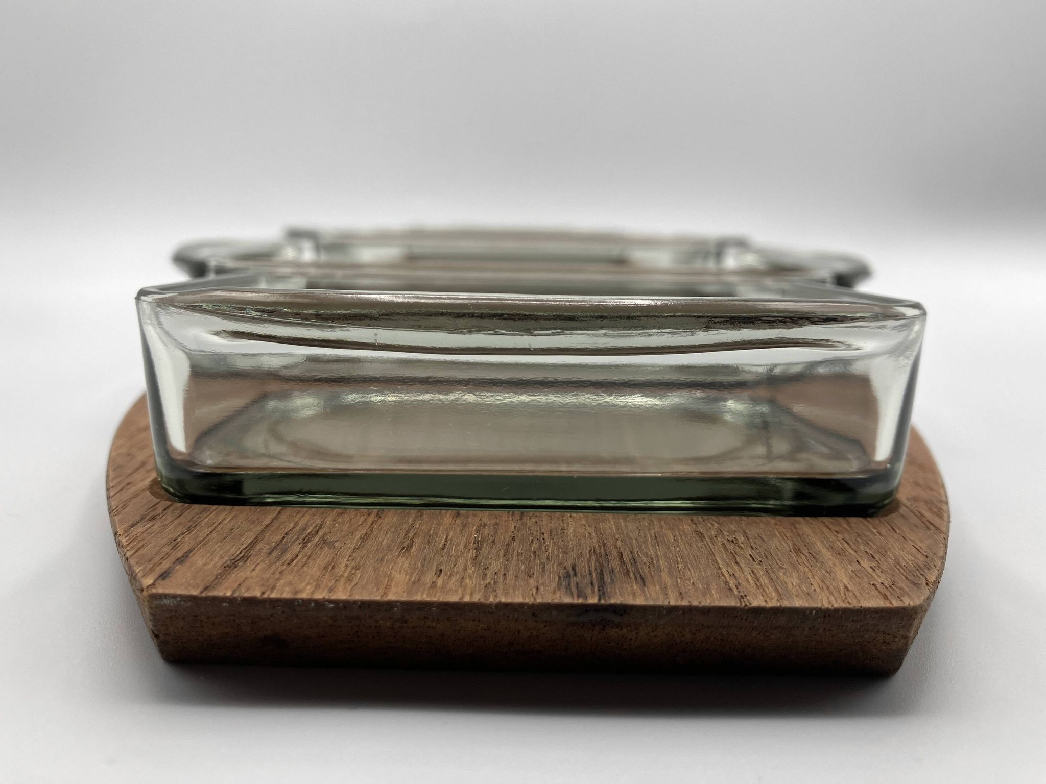 Teak tray and its 4 stackable glass dishes • Denmark • 1960