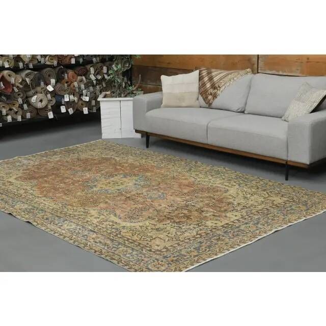 Tapis turc Oushak fait main en laine et coton orange des années 1970 203x312