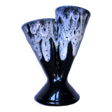 Vase vintage double col en grès flammé fond bleu 373
