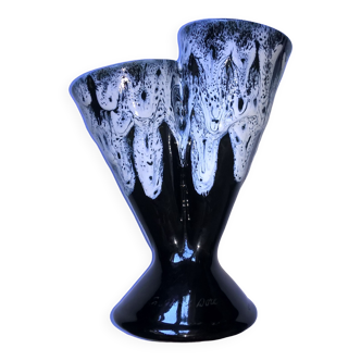 Vase vintage double col en grès flammé fond bleu 373