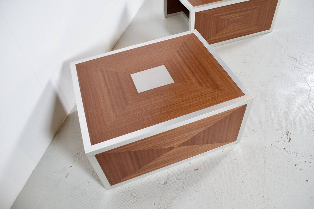 Pair of 70's aluminum and mahogany coffee/sofa end tables