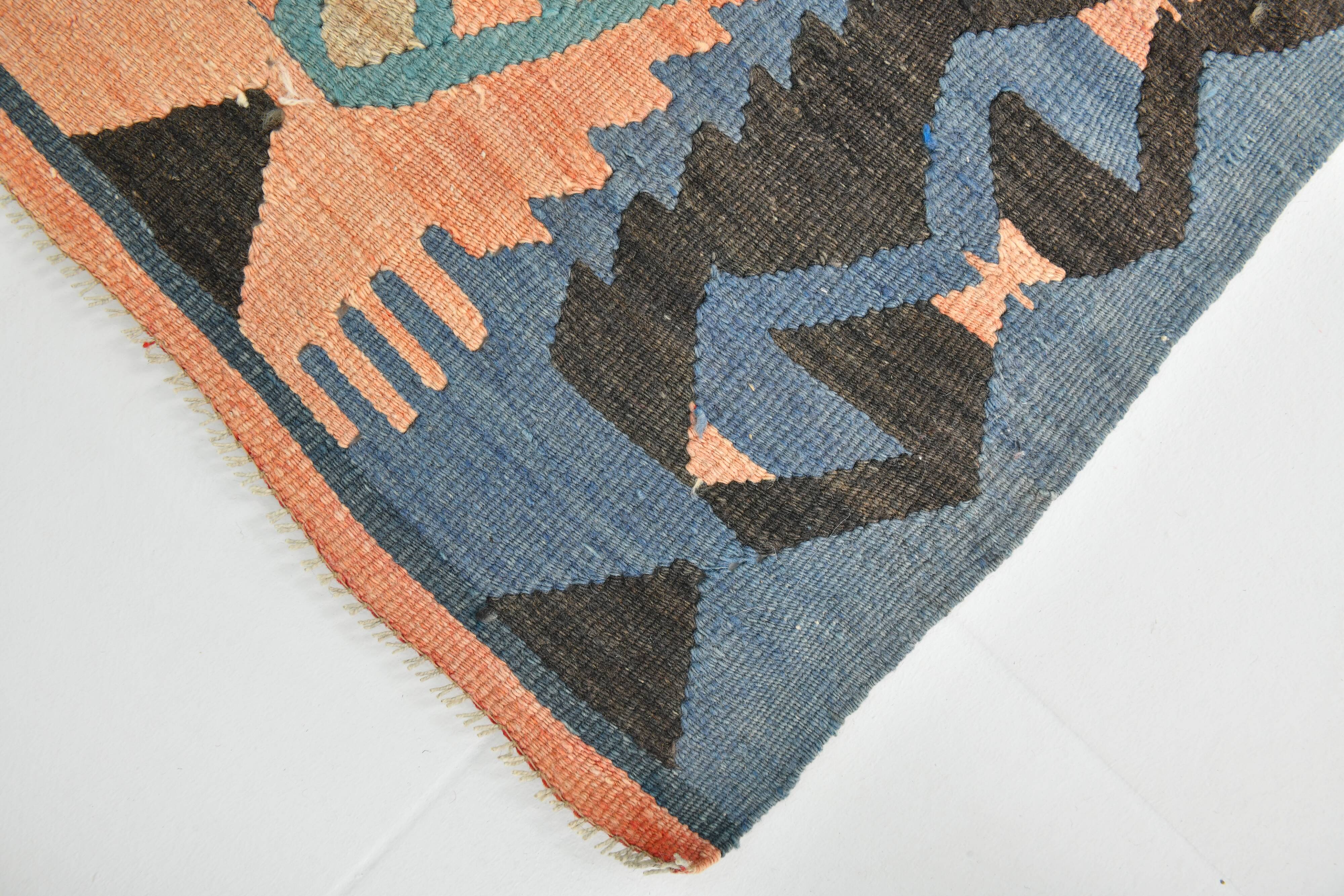 6x10 Peach & Navy Blue Turkish Kilim Rug, 168x296Cm