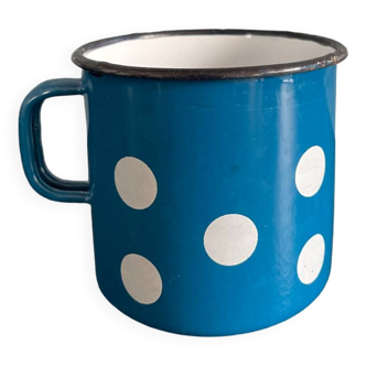 Blue enameled sheet metal mug with white polka dots