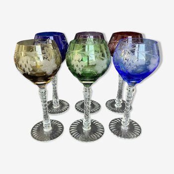 6 coloured cut crystal glasses