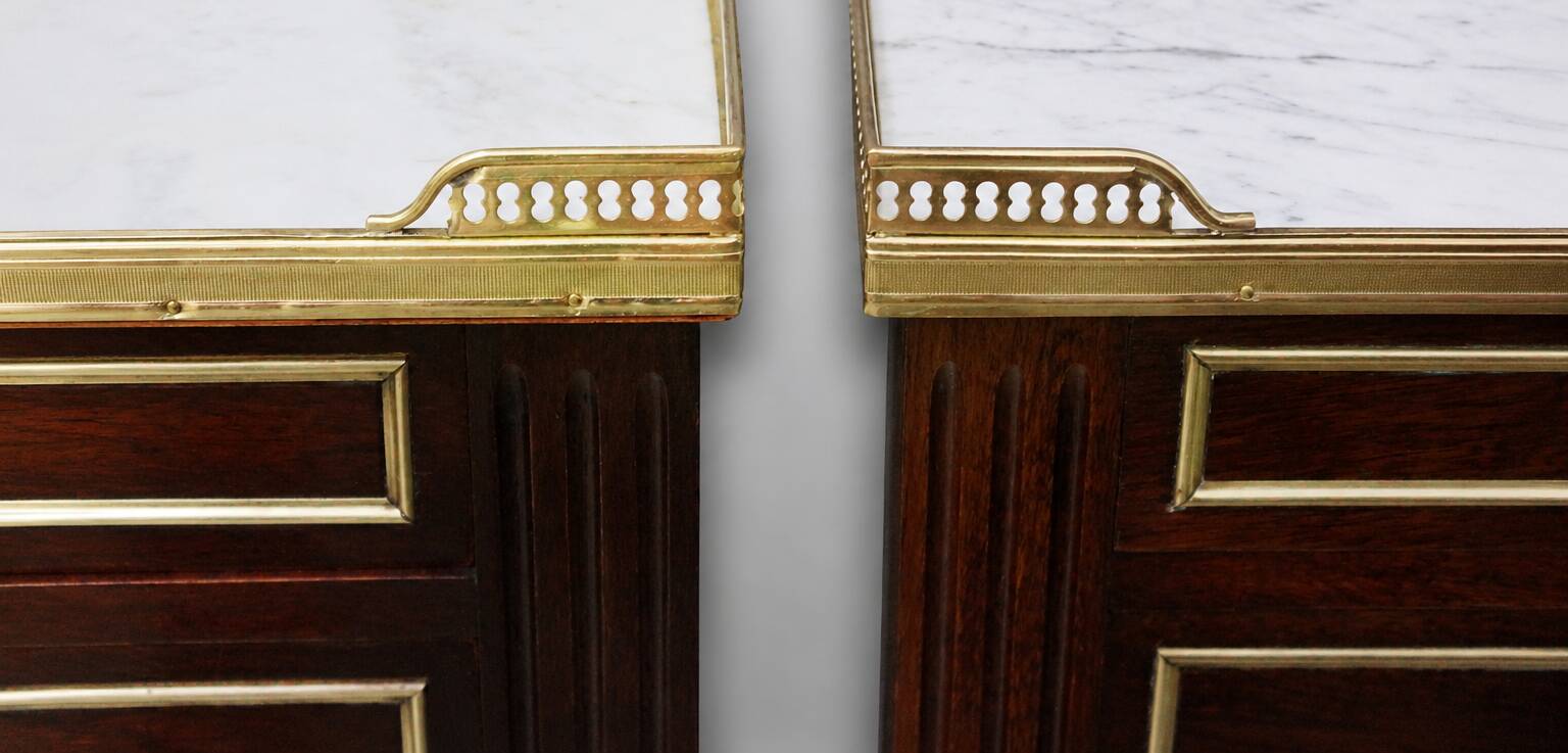 Pair of Mahogany Nightstands with White Carrara Marble in Louis XVI Style