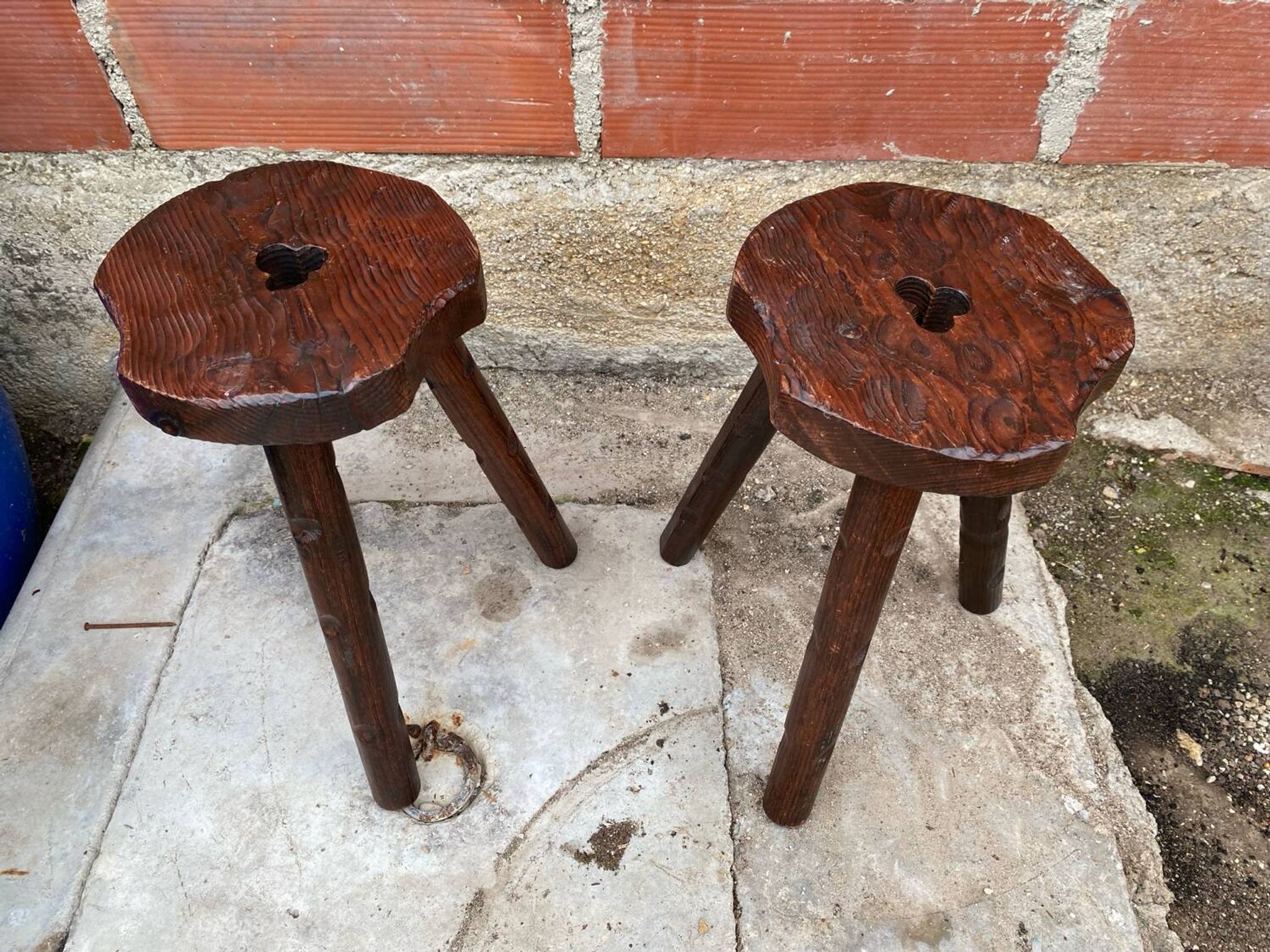 Pair of Antique Milking Stools, Tripod, Raw Wood, Folk Art, Vintage