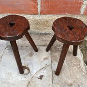 Pair of Antique Milking Stools, Tripod, Raw Wood, Folk Art, Vintage