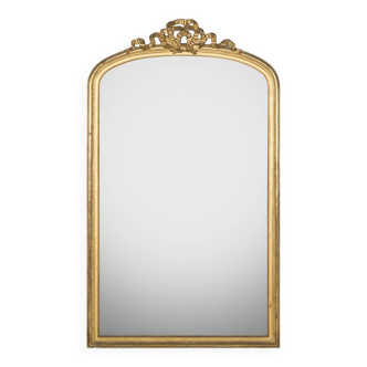 Grand miroir cartouche noeud en bois doré, 19ème