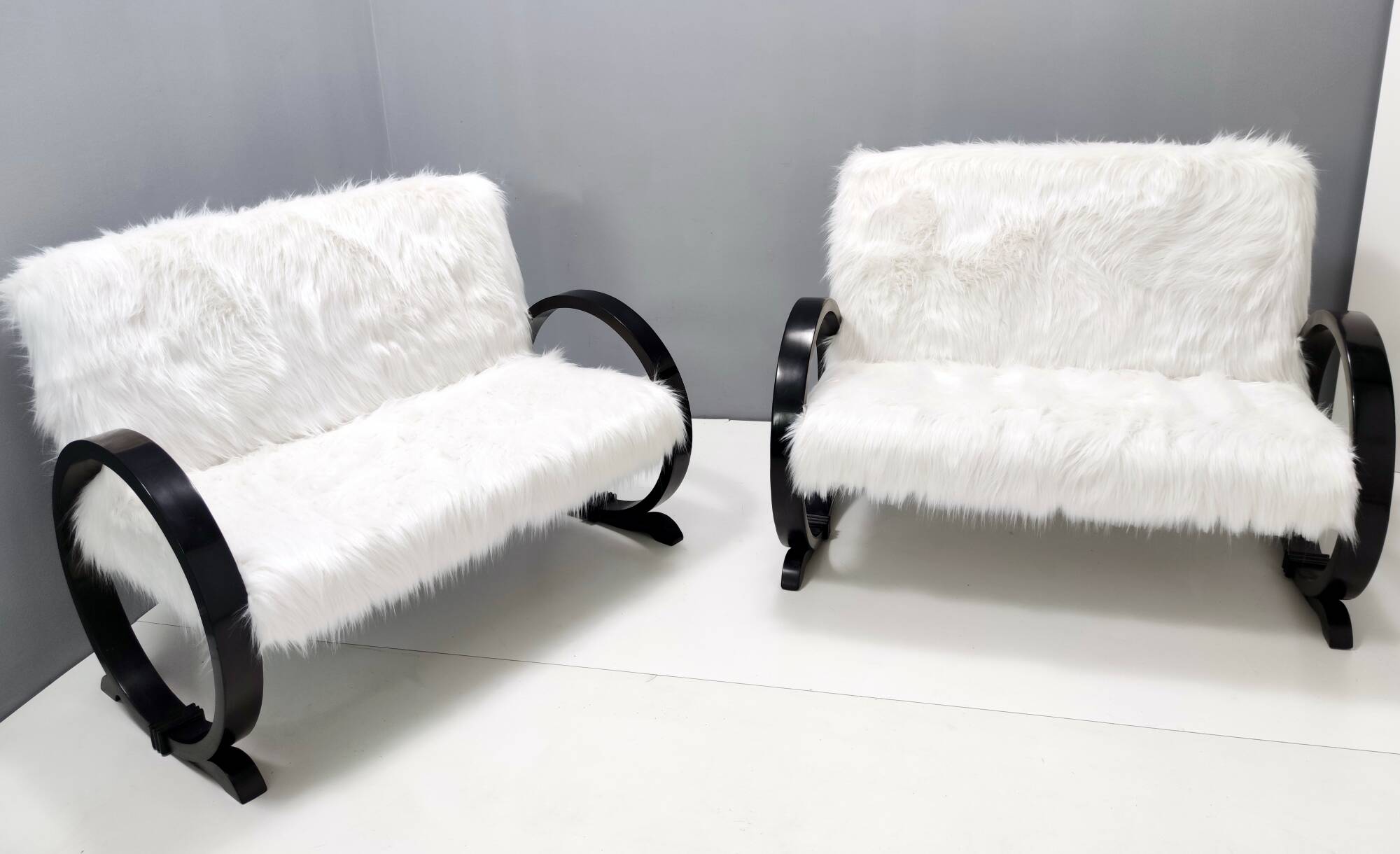 Vintage White Faux Fur Sofa with Black Wooden Frame, Italy