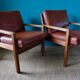 Pair of oak faults with tawny leather cushion. Denmark 1960