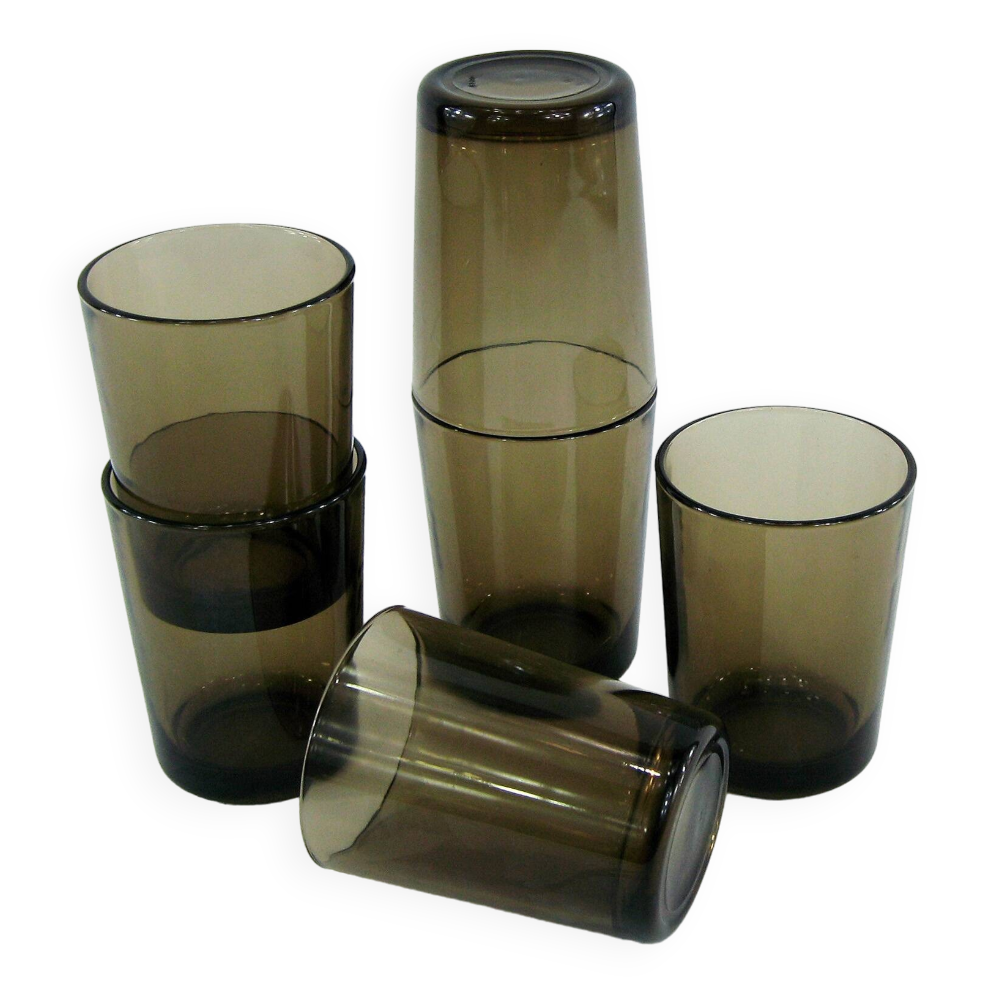 6 smoked brown tempered glass cups - Vereco France - vintage 70s