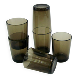 6 smoked brown tempered glass cups - Vereco France - vintage 70s