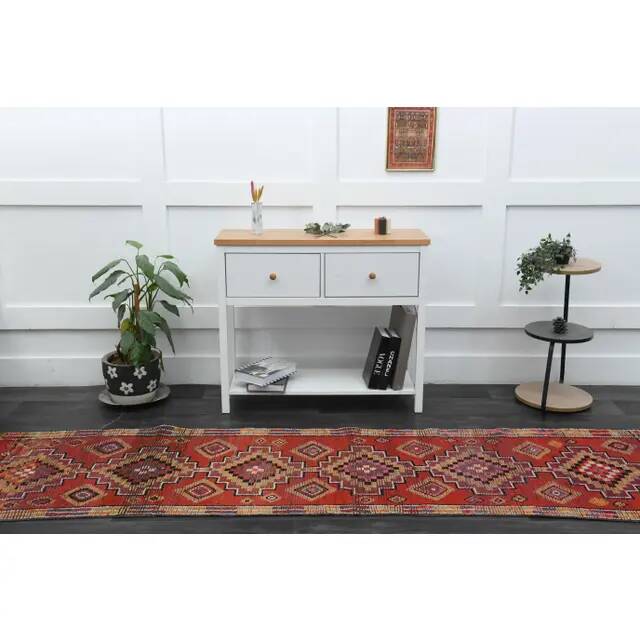 1970s Vintage Turkish Oushak Handmade Wool Cotton Orange Runner Rug 81x293
