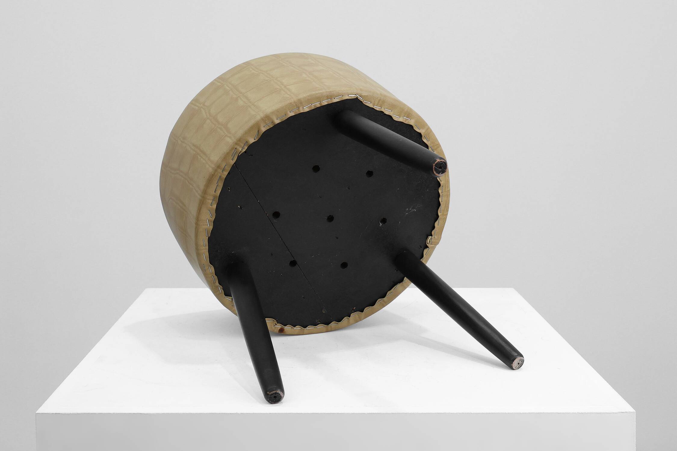 Vintage French Stool in Faux Leather and Wood, 1960