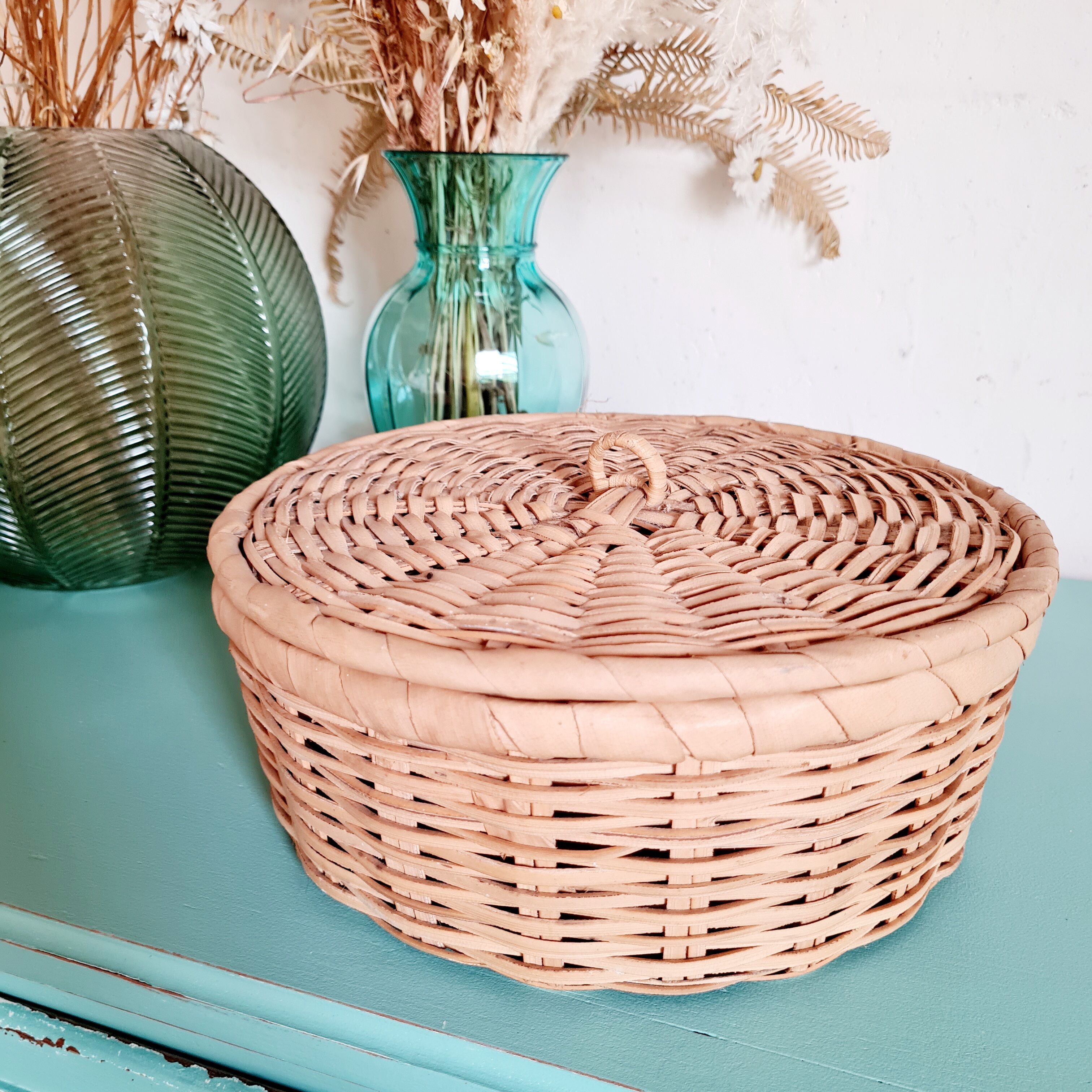 Rattan basket with vintage lid