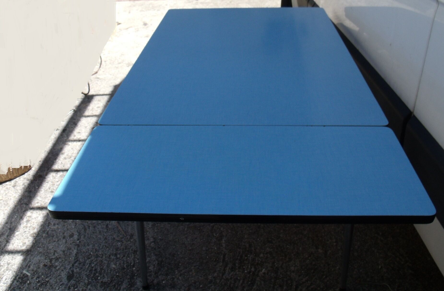 Blue formica table with extension with drawer