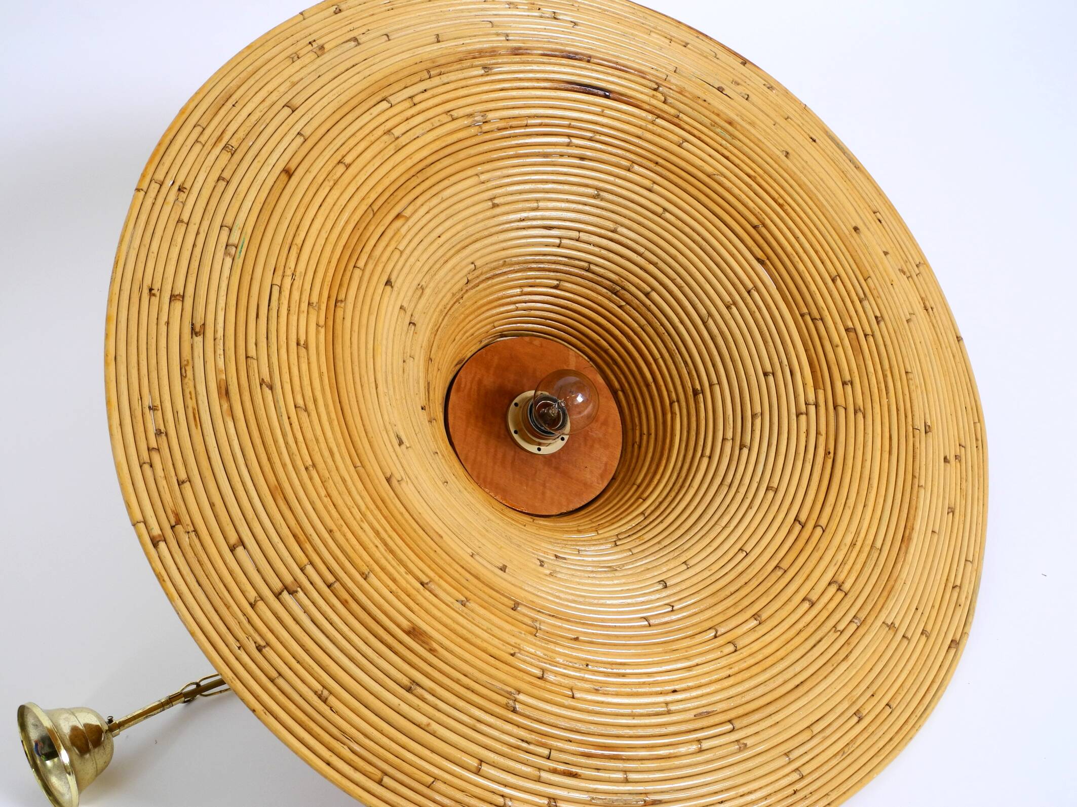 Beautiful, large Italian 1970s bright bamboo wood ceiling pendant lamp