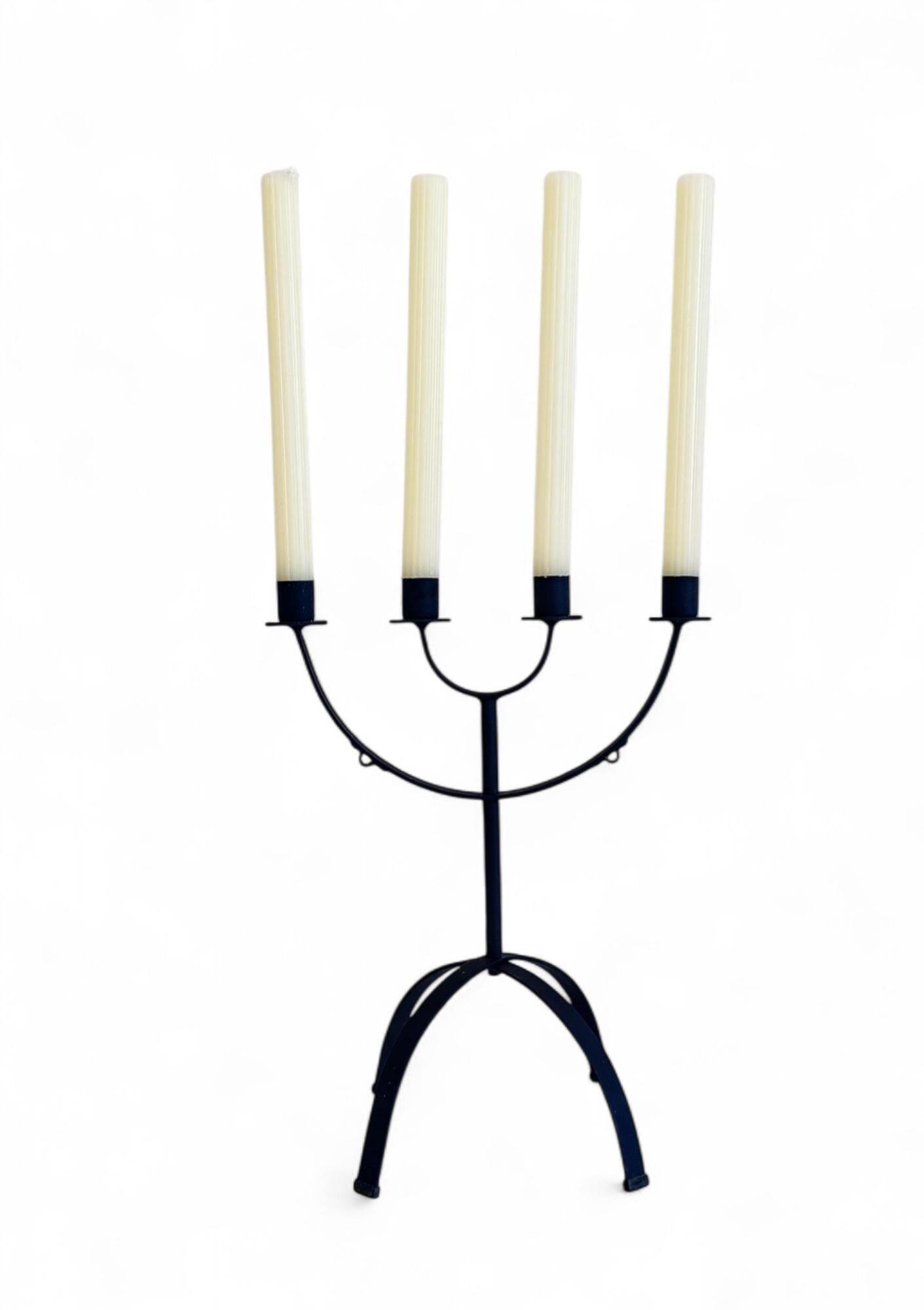 Mid-Century Minimalistic Black Wrought Iron Menorah Candelabra
