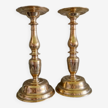 Pair of very large gilded bronze candlesticks