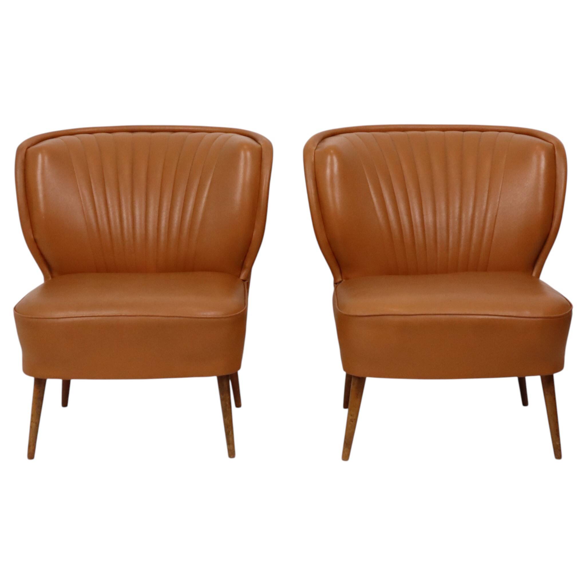 Pair of Vintage Expo 58 Cocktail Chairs, Cognac Faux Leather, Sixties