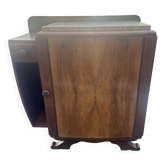 Art Deco bedside table in flamed walnut, marble top – 1930s