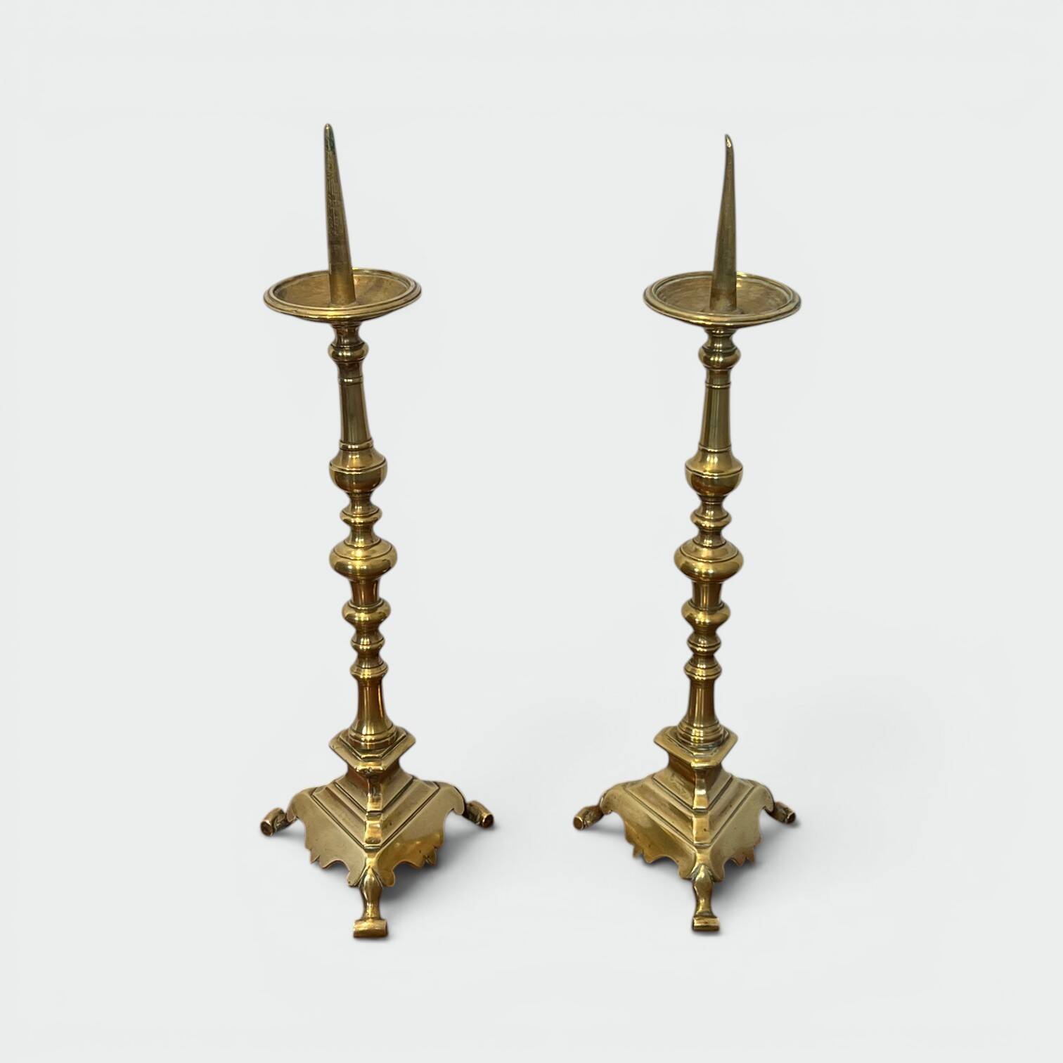 Pair of Large Brass Altar Candlesticks with Baluster Shaft and Tripod Base