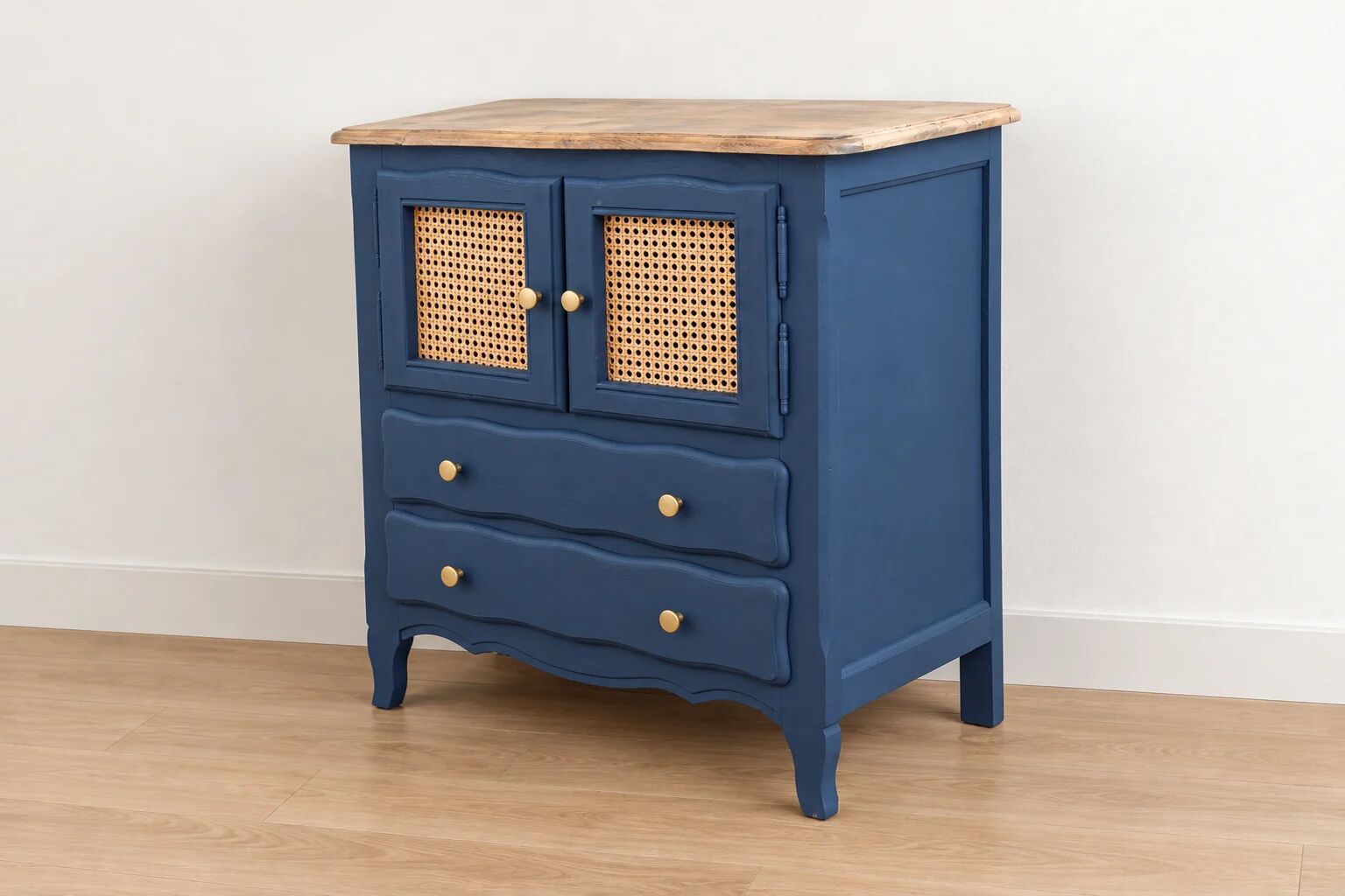 Small renovated vintage buffet in blue from Vosges, Libéron and caning – 2 doors, 2 drawers