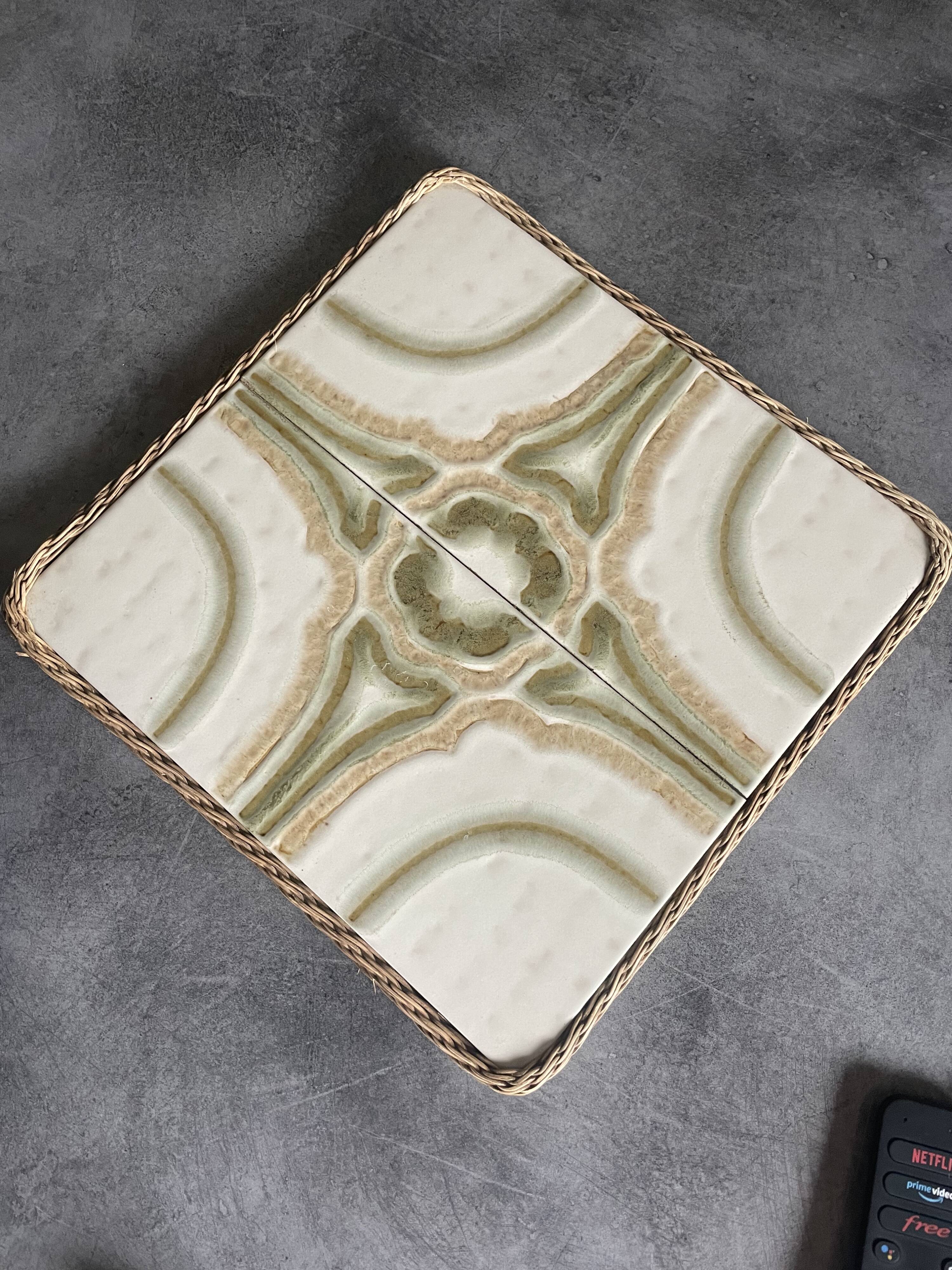 Ceramic tile trivet with vintage pattern woven wicker outline