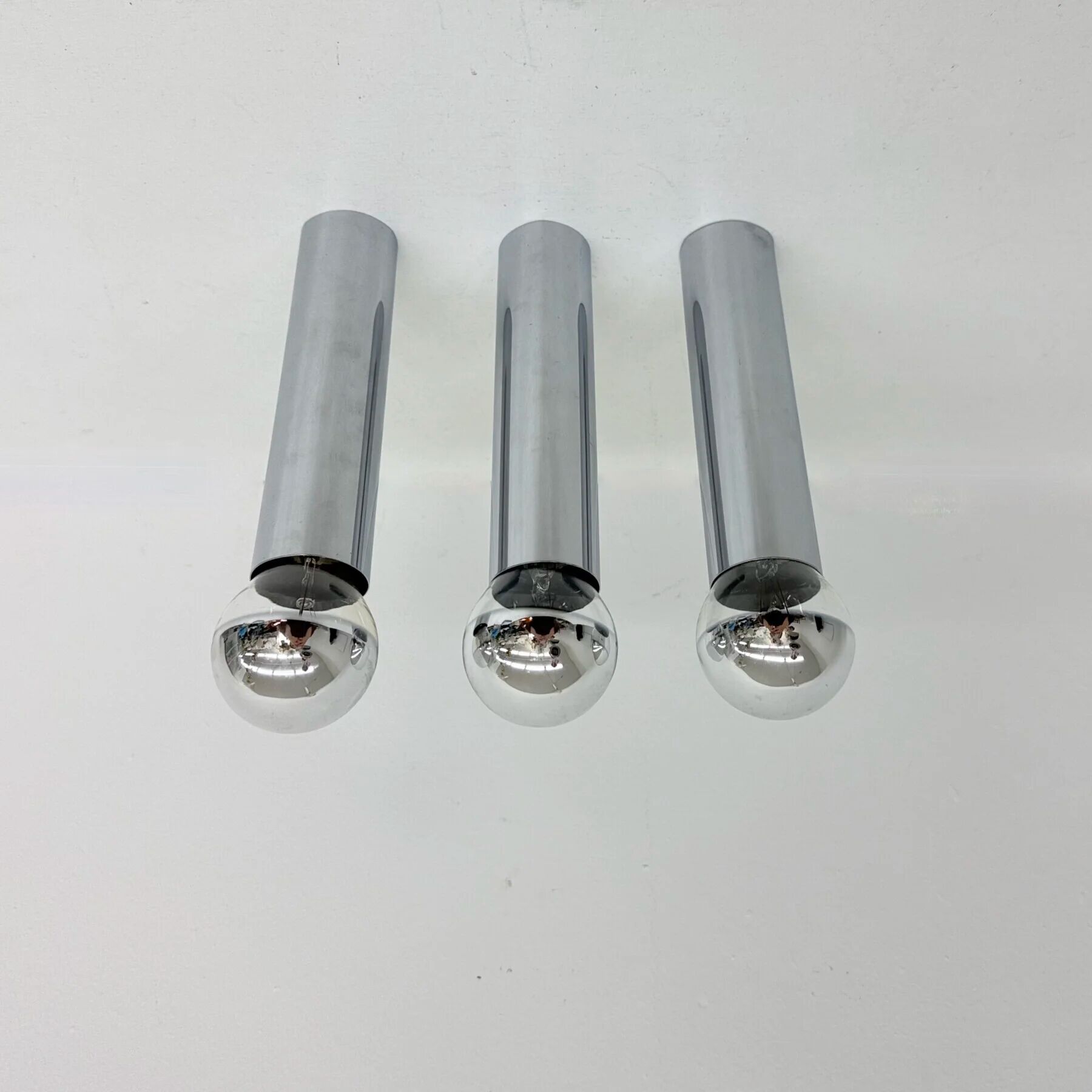 Set of 3 minimalist chrome tube ceiling / wall lamps, 1970s