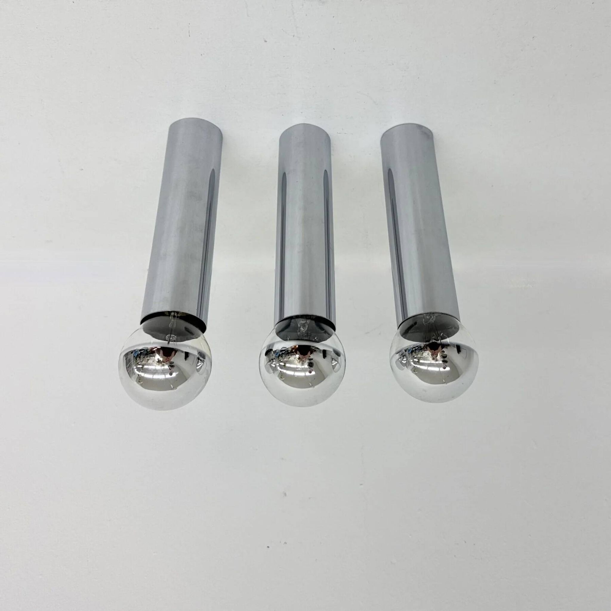 Set of 3 minimalist chrome tube ceiling / wall lamps, 1970s