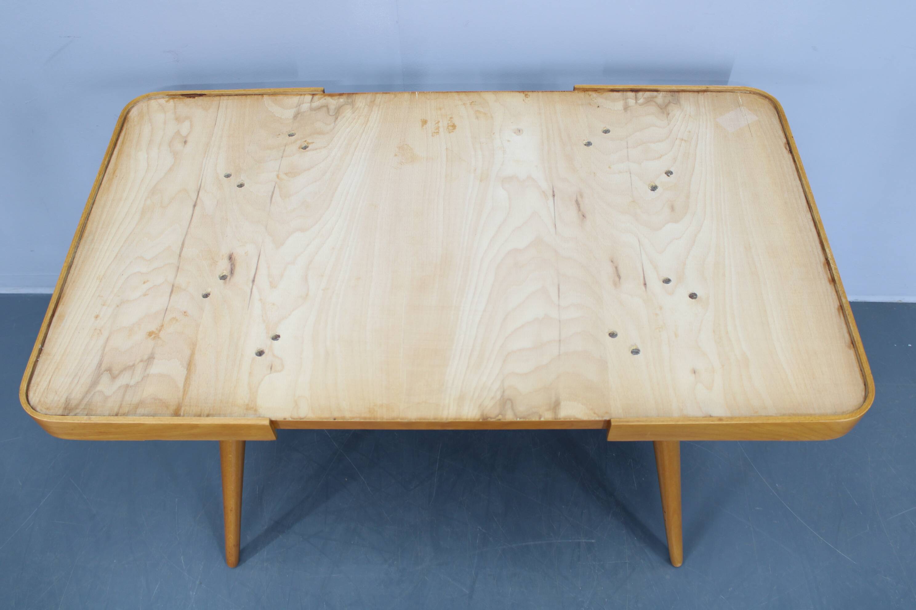 1960s Beech Coffee Table with Glass Top , Czechoslovakia