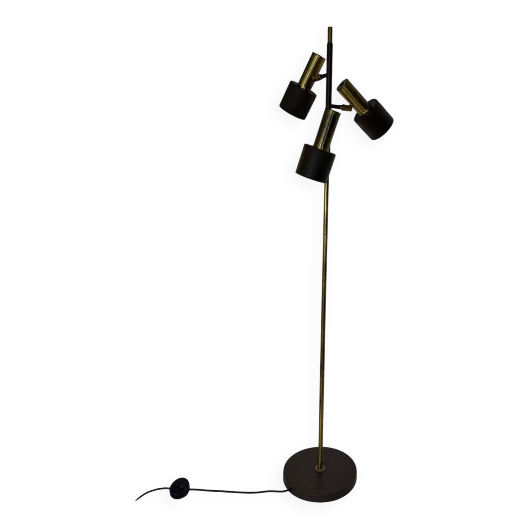 Lampadaire vintage moderniste marron et laiton à 3 spots, années 1960