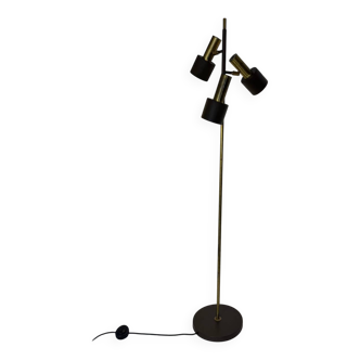 Lampadaire vintage moderniste marron et laiton à 3 spots, années 1960