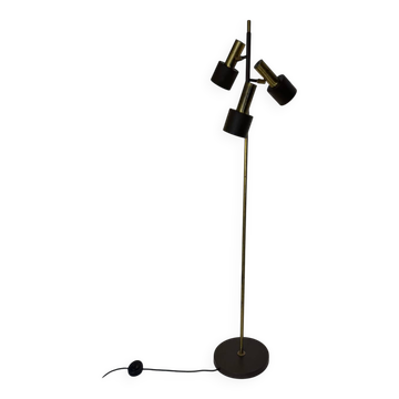 Lampadaire vintage moderniste marron et laiton à 3 spots, années 1960