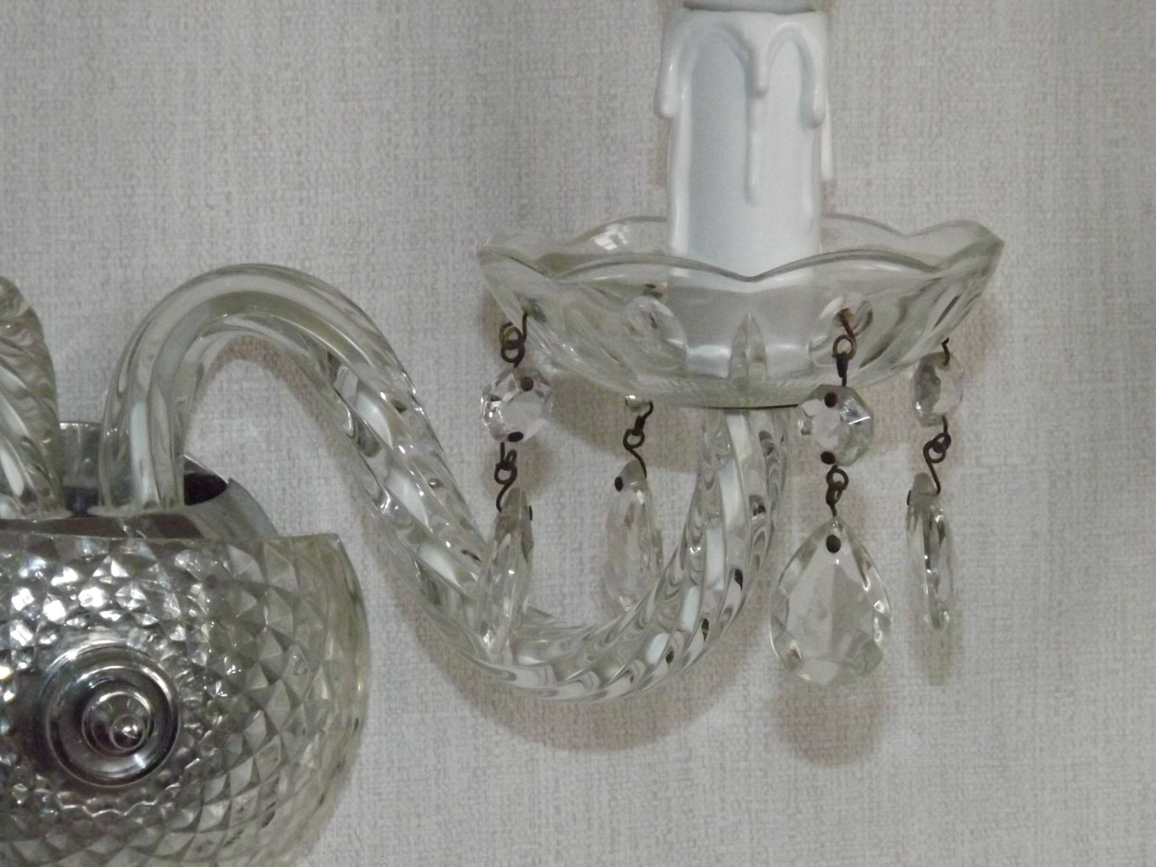 Pair of French vintage double crystal wall lights with barley twist glass arms.
