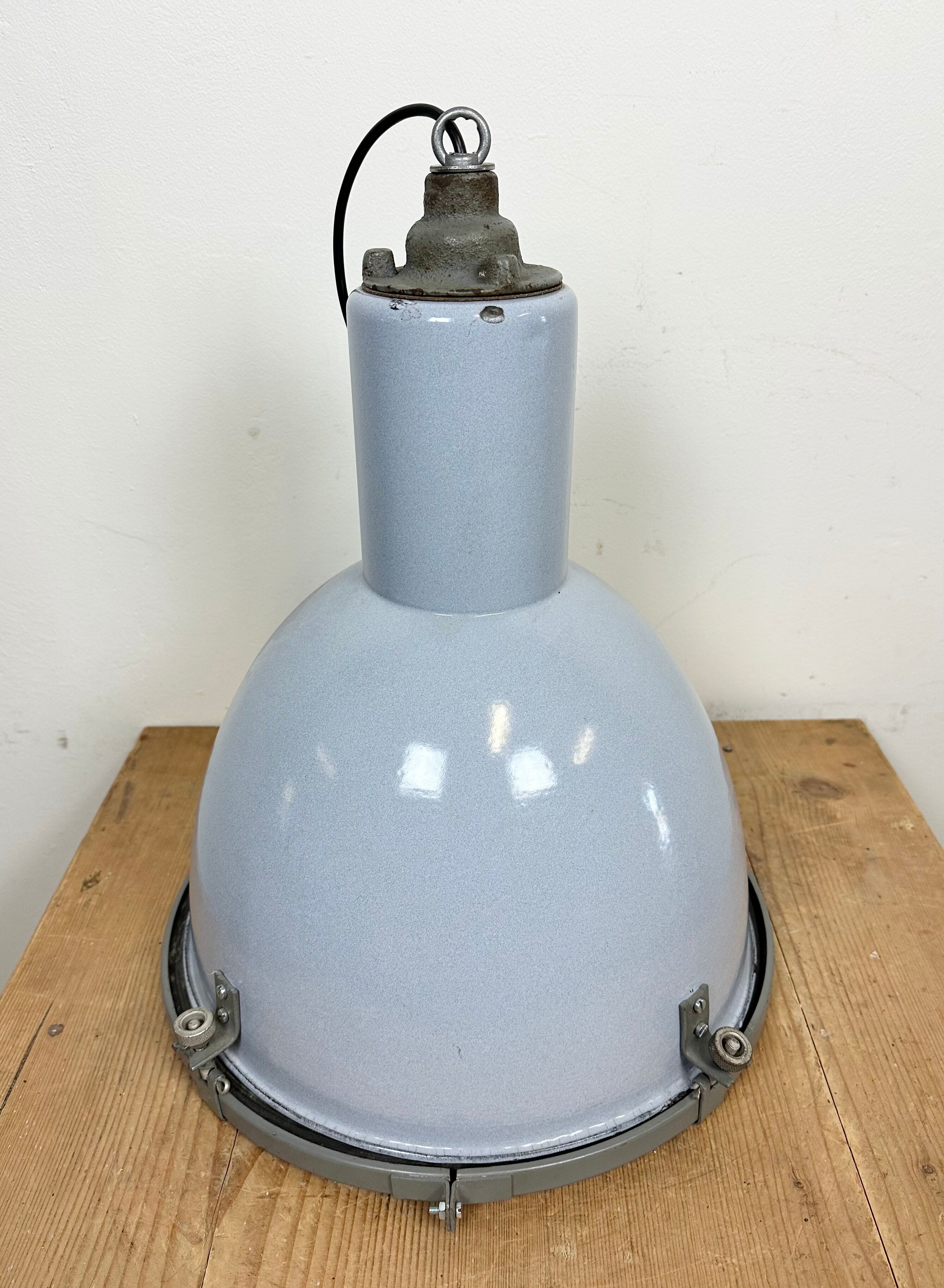 Bauhaus grey enamel industrial pendant lamp with glass cover, 1950s