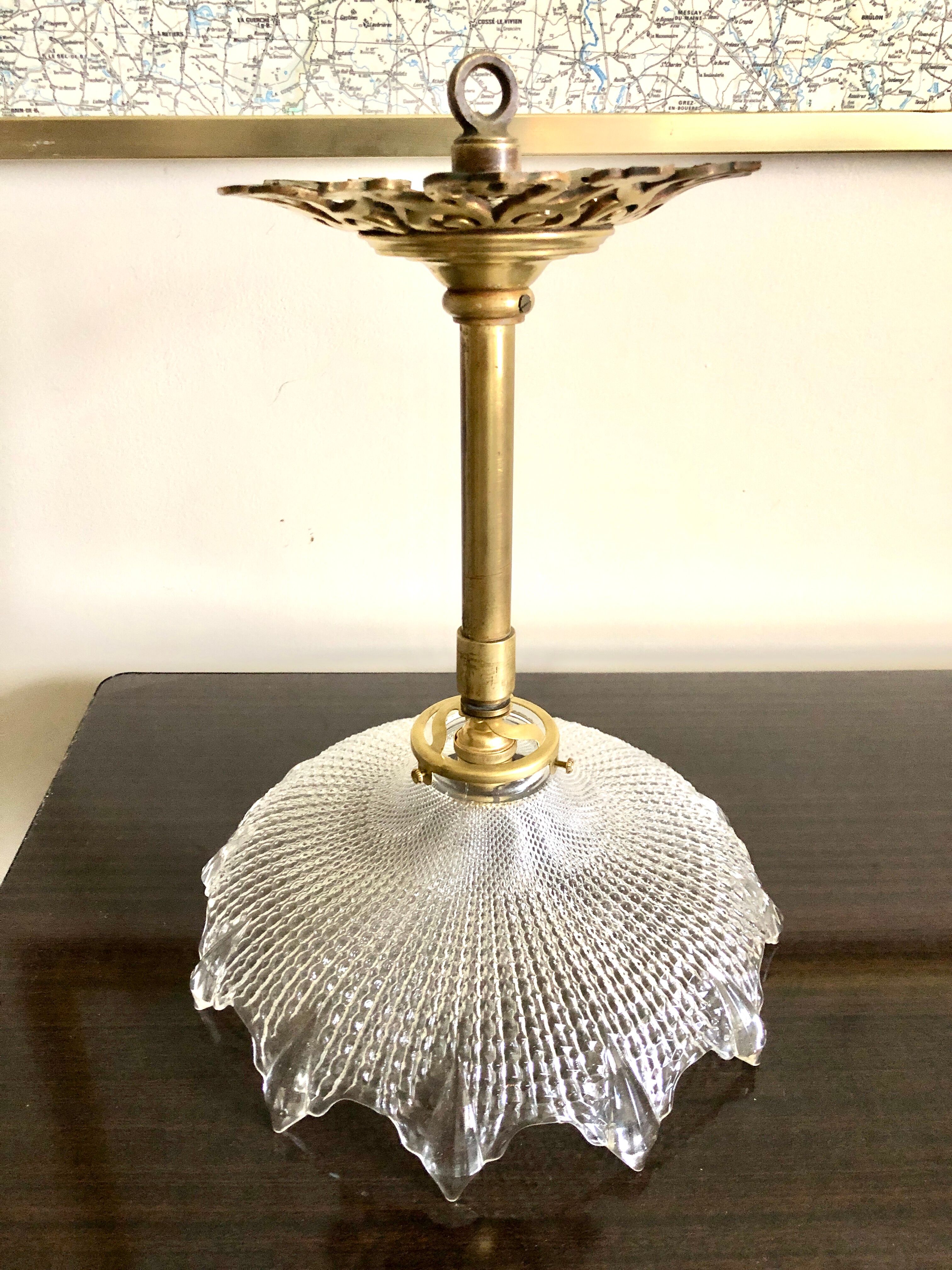 Art Deco pendant lamp brass rose window and diamond glass dome