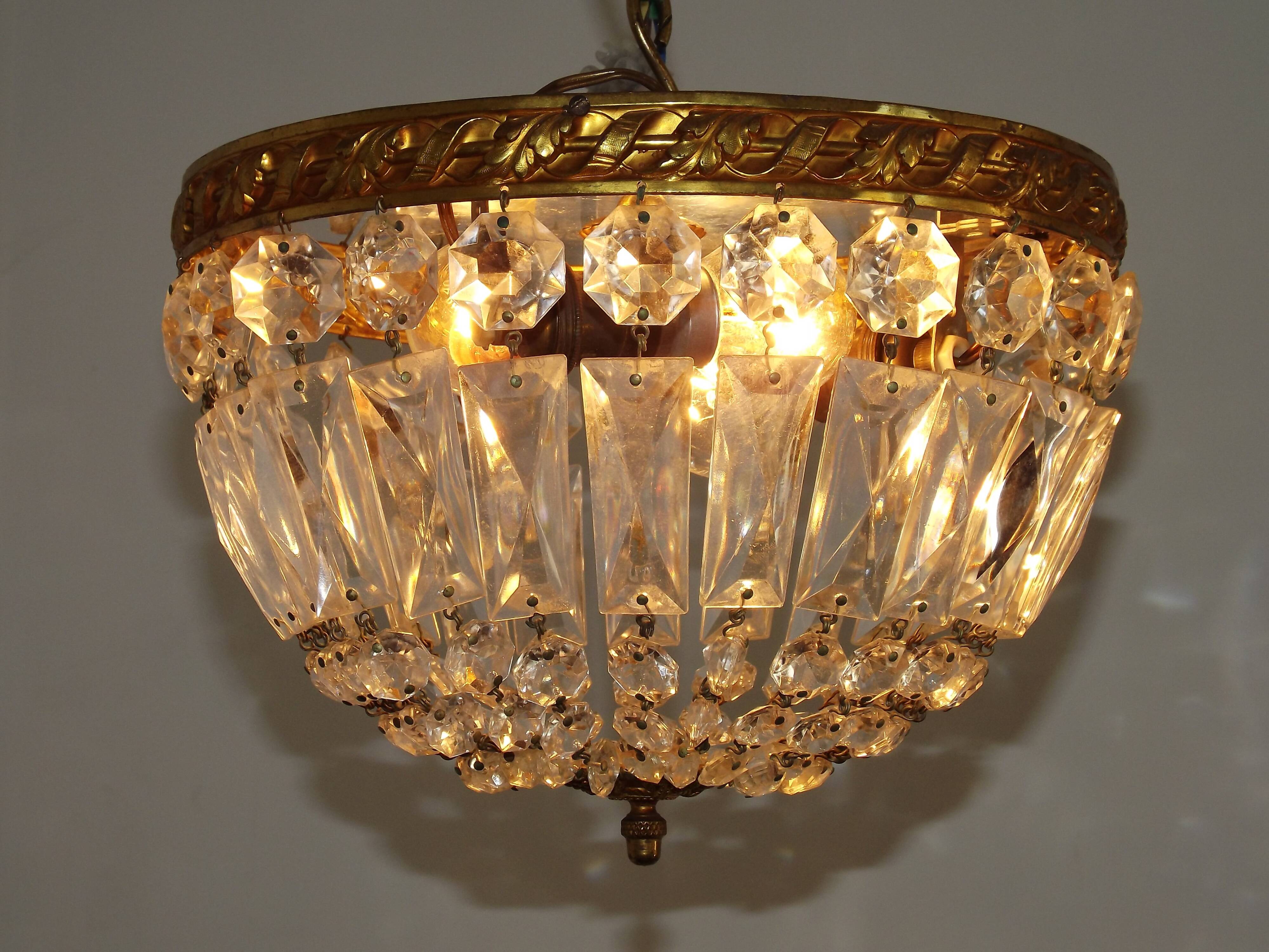 French Mid-Century Bronze and Crystal Bag Light – Flush Mount 5202