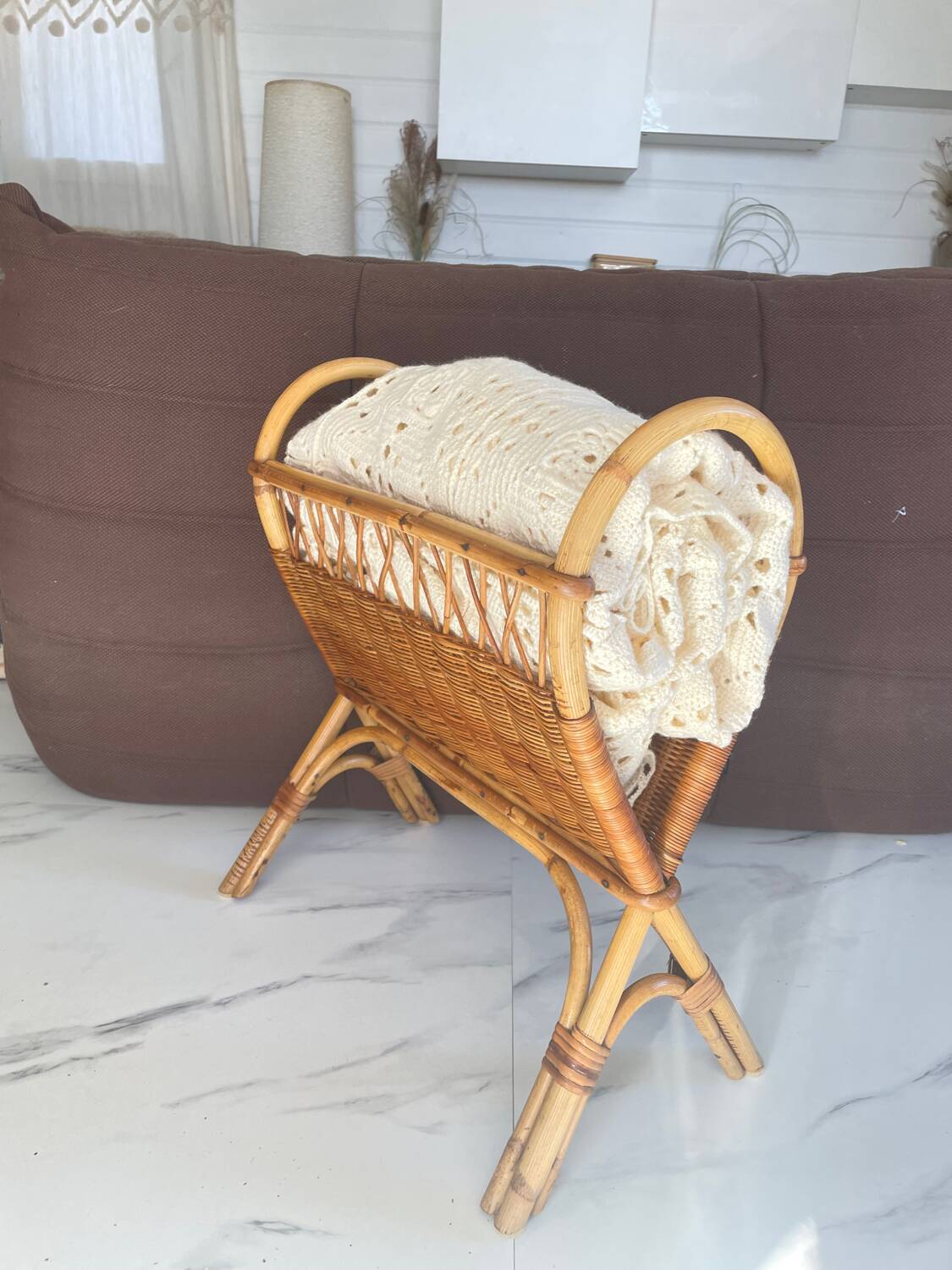 Old rattan magazine rack from the 70s