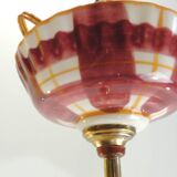 Vintage earthenware pendant light with a burgundy and ochre tartan pattern