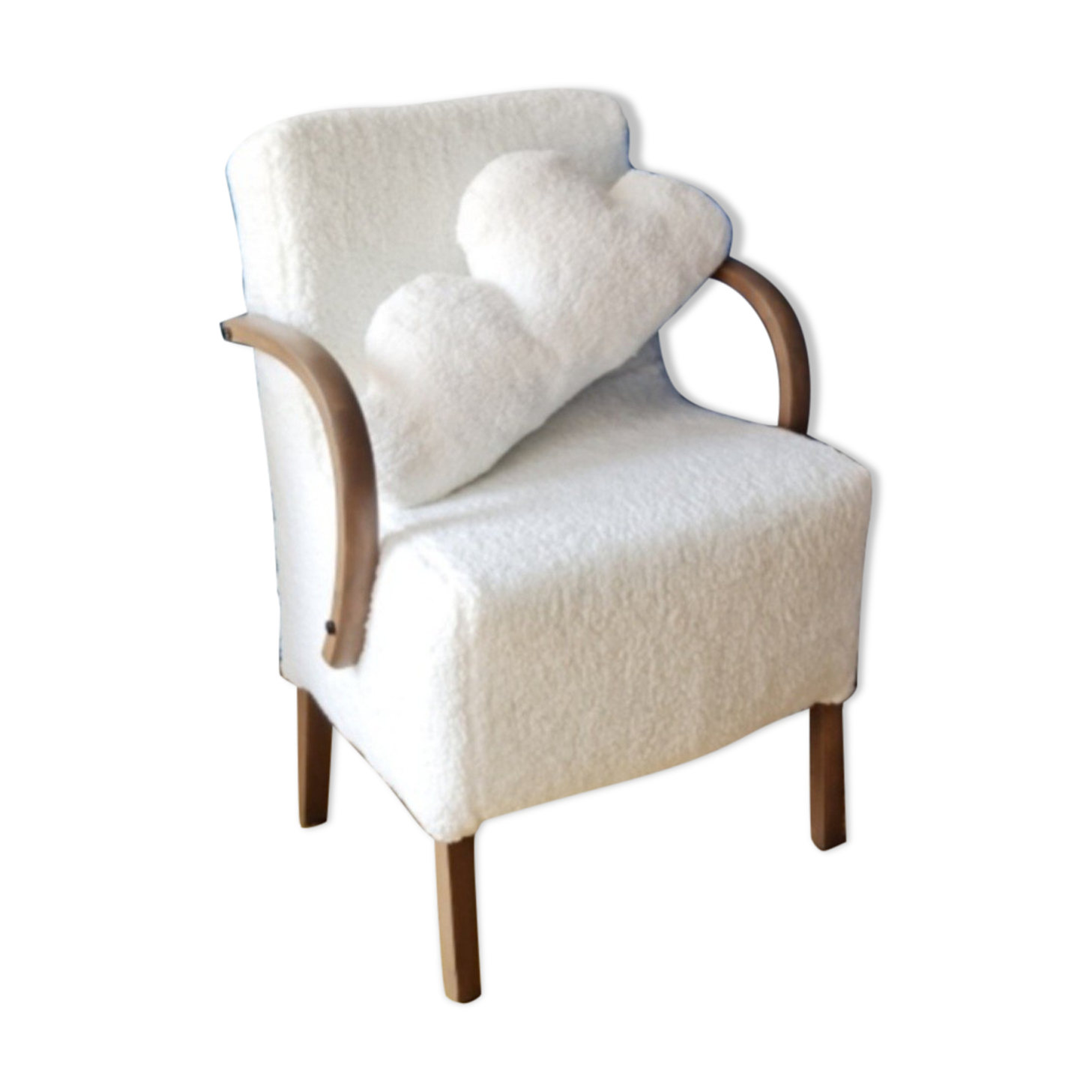 Armchair completely redone moumoute fabrics matching rectangular cushion woodwork mink color