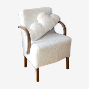 Armchair completely redone moumoute fabrics matching rectangular cushion woodwork mink color